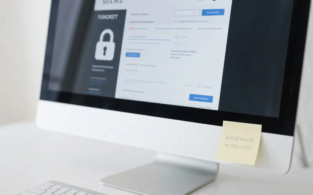 购票防诈骗提示：电脑屏幕与锁形图标、验证码与警示便签的概念图